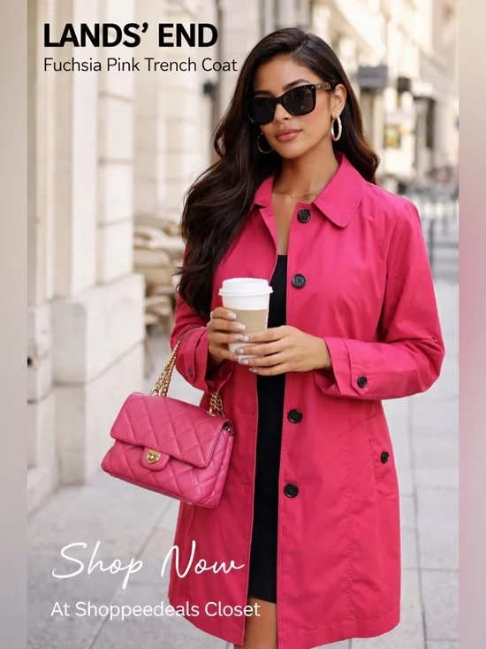 Lands’ End Fuchsia Pink Trench Coat Women’s Classic Button Front Fully Lined - Picture 2 of 13